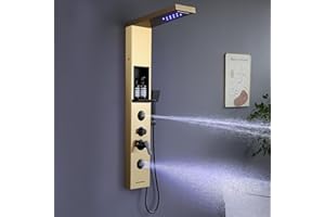 KINKIBOS Panneau de douche doré avec robinet et étagère, colonne de douche LED 6 fonctions, douche pluie et cascade, buse de massage 2 modes, douchette à main et bec de baignoire cascade, acier