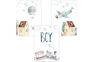 Olgs Kinderzimmer Bilder Poster 3er Set | Tiere Bilder Wandbilder Junge | Deko Wandposter für Babyzimmer DIN A4 Premium | Boy Heißluftballon Zug Flugzeug Wolken