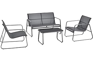 [en.casa] Set de Muebles de Jardín Palencia 4-Piezas Conjunto de Muebles de Exterior Terraza Patio Set de 2 Sillas Banco para 2 Personas Mesa de Centro Gris Oscuro y Tablero de Mesa Negro