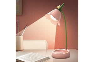 CECOMBINE LED Flower Desk Lamp Cordless Table Light - Desk Lamp for Children 3 Color Modes Dimmable Table Light, Touch Control Reading USB, Cordless Lampshade Table Lights for Reading, Learning (Pink)