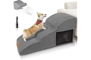 Myiosus Hundetreppe 3 Stufen, Tragbar Haustiertreppe aus Hochdichtem Schwamm, Dog Steps mit Abnehmbare & Waschbare Stoffbezug, Hunde Treppe für Sofa Bett, Senden 60 Rollen Fusselrolle