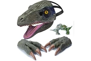 TUKIIE Dino Maske mit Beweglichem Kiefer, Halloween Maske für Kinder Erwachsene，1 x Dinosaurier Maske, 2 x Krallen, 2 x kleines Dino-Spielzeug, Dinosaurier Cosplay Halloween Ostern Weihnachten Party