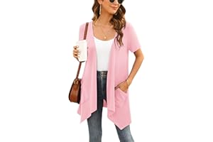 Yommay Damskie letnie kardigany z krótkim rękawem dla kobiet elegancki swobodny lekki kardigan z kieszenią z wysokim niskim obszyciem, A06-różowy, 3XL
