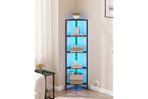 TUTOTAK Corner Shelf with LED Light, 5-Tier Corner Bookshelf for Small Space, Narrow Display Corner Shelf Stand with Storage Rack, for Living Room, bedroom, White BS05BK005LEU