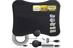 QUALIHOME TV Aerial, Indoor TV Aerial 250+ Miles with Powerful Signal Amplifier, 4K 1080P Ultra-thin Stronger 360° Reception Reception TV Signals, USB Power Adapter &14.5FT Coax Cable - Support All TV's
