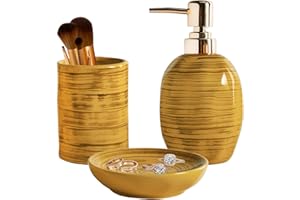 YABCY Badezimmer-Zubehör-Set, 3-teiliges Marmor-Look-Bad-Set, Seifenspender und Zahnbürstenhalter-Set, Theke, Toilette, Wohnungsdekoration, Keramik-Kits, einzigartiges Geschenk, Gelb