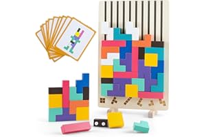 Montessori drewniane puzzle wtykowe, 42 części i 10 kart, zabawka geometryczna gra przyporządkująca, edukacyjny STEM, prezent edukacyjny dla dzieci od 3+, gra logiczna do logicznego myślenia
