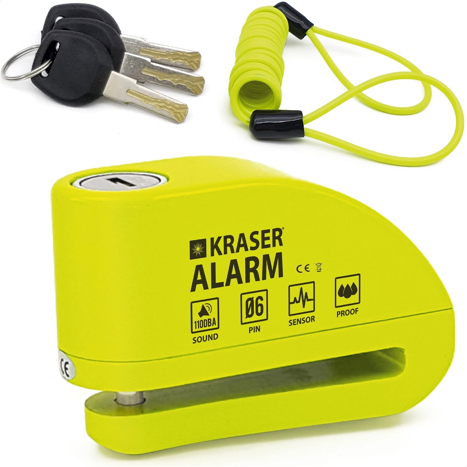 KRASER KR6Y Diefstalbeveiliging voor motorfietsen, alarm, 110 db, waterdicht, versterkt schijfblok, remschijf, universeel, motorfiets, scooter, elektrische fiets, herinneringskabel 1,5 m, 3 sleutels,