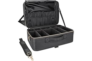 Relavel Extra Large Makeup Bag Leather Travel Makeup Train Bag Professional Makeup Artist Bag Portable Nail Organiser Box Cosmetic Case with Adjustable Dividers Attaches to Trolley, black, Extra Large