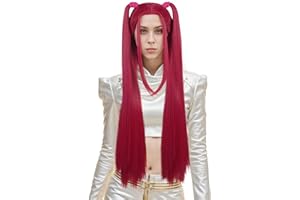 VGbeaty Femmes Adultes Longue Perruque Rose Droite Avec 2 Queues de Poney Rôle de Dessin Animé Bangs Drôles Perruque Résistant à la Chaleur Fibre Synthétique Douce Durable Halloween Costume Party