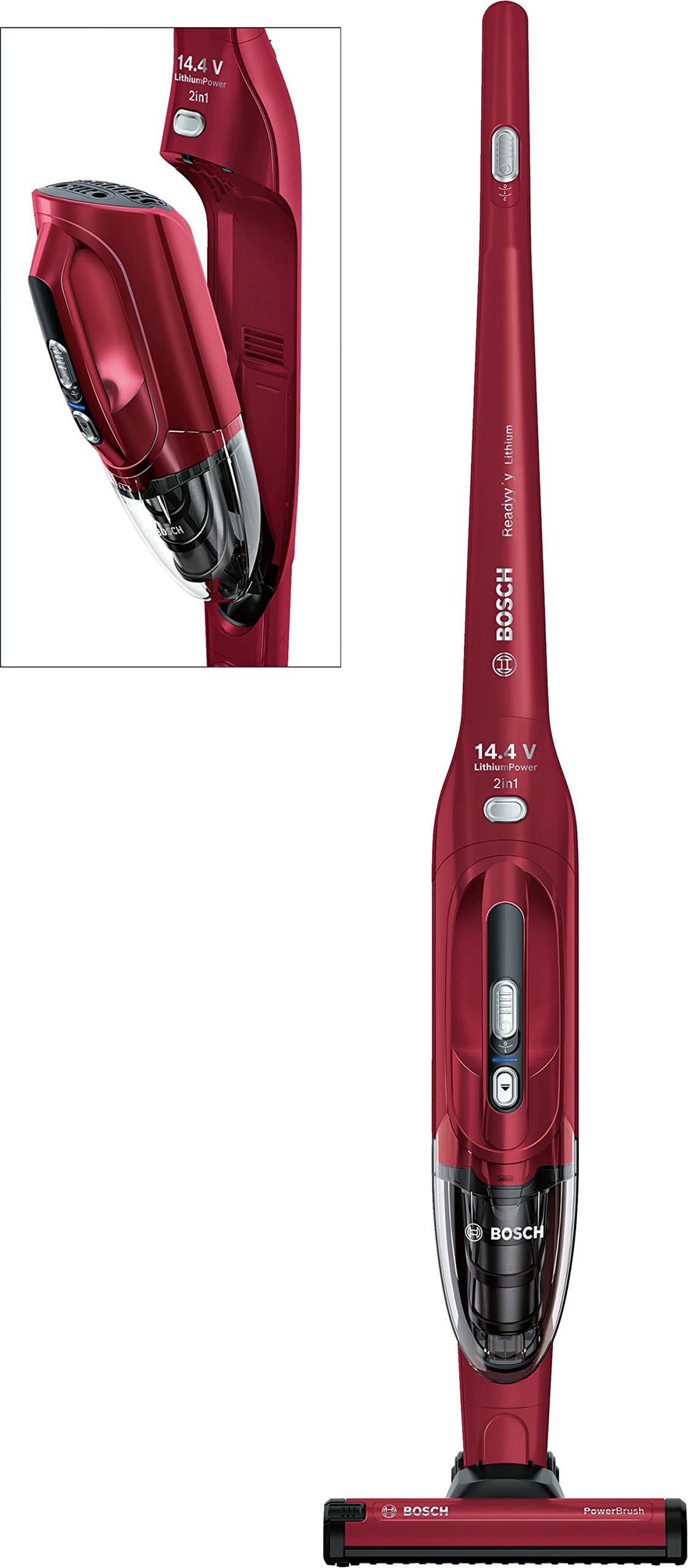 Bosch BBH2P14L Kabelloser 2-in-1 Handstaubsauger (bis zu 35 Minuten Laufzeit, 2 Leistungsstufen), Volcano Rot Matallic