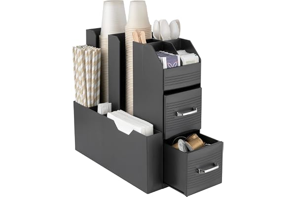 Baroni Home Organisateur de Café, Porte-Dosettes Professionnel, 11 compartiments, Porte-Capsules et Gobelets avec Division à Compartiments, Poste de Café avec 2 Tiroirs, Noir, 14x29x29 cm