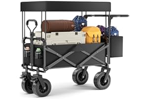 Tawxot 100L Bollerwagen faltbar mit Dach, Gartenwagen klappbar bis 100kg Tragkraft, 600D Oxford-Gewebe, Verstellbarer Griff, Handwagen für Alle Gelände, Draussen Camping Einkaufen (Schwarz)