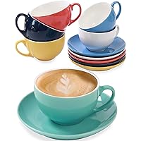 6er Cappuccino Tassen Set mit Untertassen - Keramik Bunt - Geschenkbox - Hält Lange warm - 180ml