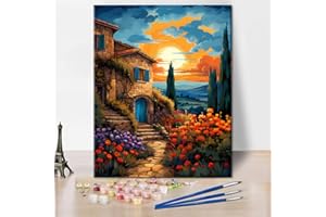 TISHIRON Tuscan Farmhouse Paint by Number for Adults Beginner A House with Flowers and Trees - Painting by Numbers Kits with Brushes and Acrylic Paint(16X20 Inch)