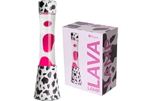 Fisura - Lampada di lava Welcome. Base con stampa mucca, liquido trasparente e lava rosa. Effetto rilassante. Con lampadina di ricambio. 11 cm x 11 cm x 39,5 cm.