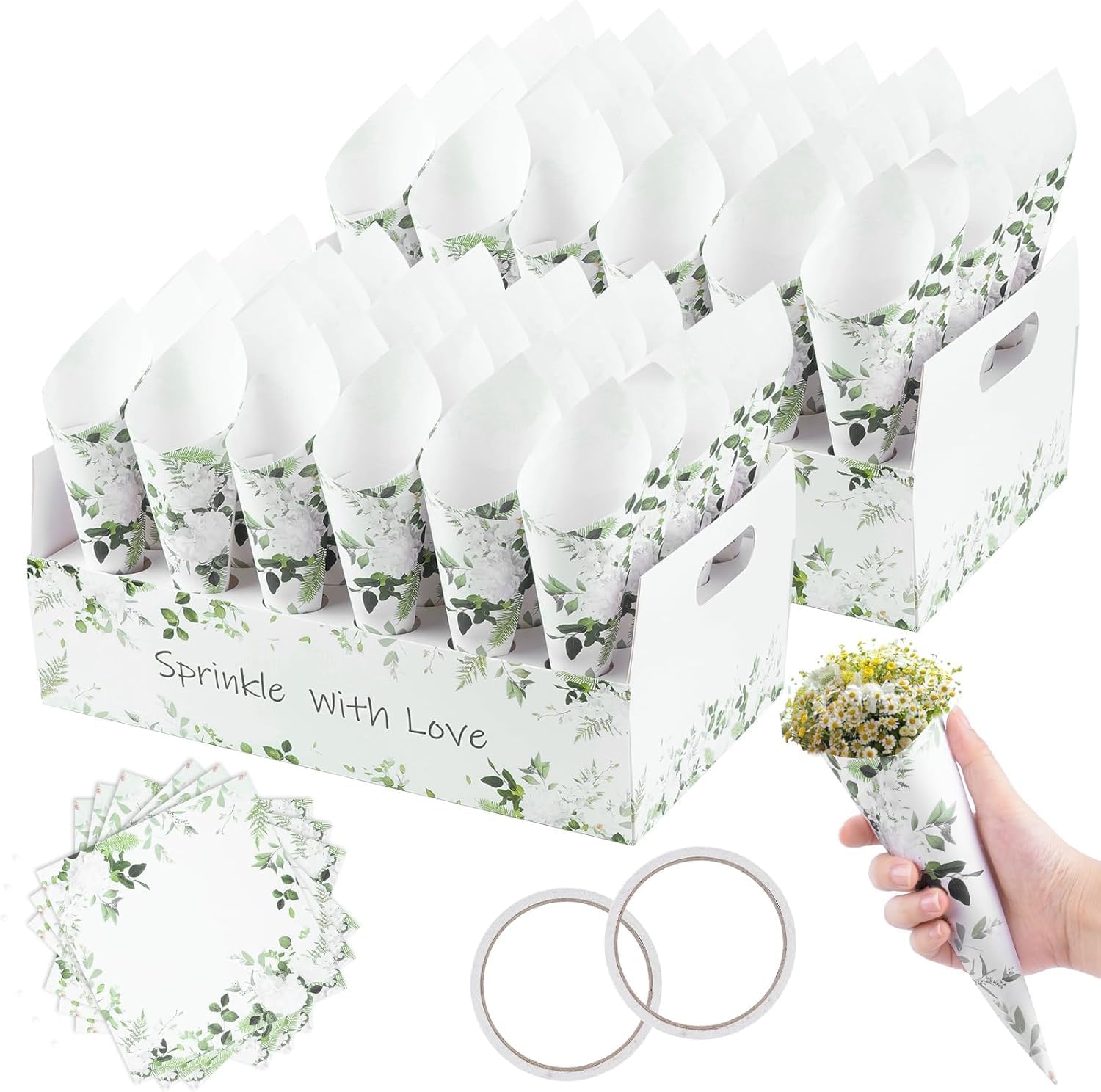 KALBIGRO 60 Piezas Conos Arroz Boda, Cono Papel Kraft Boda con 2 Caja Soporte Cucuruchos de Papel para Bodas, Conos de Confeti Boda para Decoración Boda Fiesta Ceremonia, Hojas
