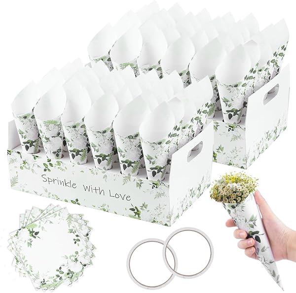 KALBIGRO 60 Piezas Conos Arroz Boda, Cono Papel Kraft Boda con 2 Caja Soporte Cucuruchos de Papel para Bodas, Conos de Confeti Boda para Decoración Boda Fiesta Ceremonia, Hojas - 1