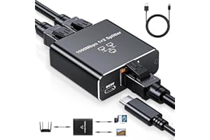 GARMEE Ethernet Splitter 1 to 2, 1000Mbps Ethernet Switch Internet Network Splitter with USB Type-C Power Cable for Computer, Hub, Switch, Router, ADSL, Digital TV,Support Two Devices Working Simultaneously