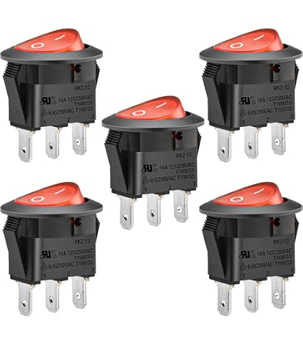 Lot De 5 Interrupteurs à Bascule Ronds Heschen - 10A 250V, Lumière Rouge, 3 Bornes