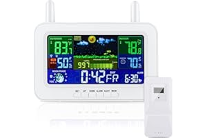 AOZBZ Stazione Meteo con Sensore Esterno, Display a Colori, Orologio Radiofonico DCF, Previsioni del Tempo, Barometro, Fasi Lunari, Termometro Interno ed Esterno, Igrometro (Bianco)
