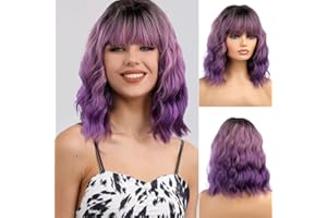 FENYW Natürliches Ombre Lila Perücke 16 Zoll kurz Bob Locken Gewellte Perücken, Kurze Bob Perücke mit Pony, Gewellte Lockige Perücken für Frauen, Kurze Bob Haare Perücken Party Halloween Cosplay