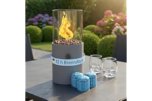 TOM Innovation XXL Gas Tischkamin - 12h Brenndauer für Indoor & Outdoor – Tisch Kamin Set – Tischfeuer mit Deko-Steinen – Plus 3X 190 g Stechgaskartusche