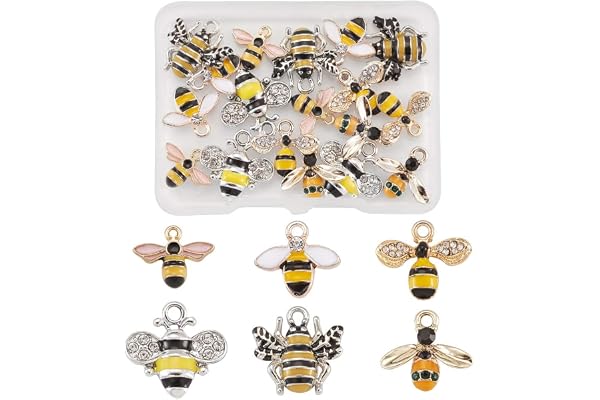 Beadthoven Lot de 24 Breloques en forme d’abeille, en émail jaune, avec 6 modèles, pendentifs en cristal, thème insectes, pour création de boucles d’oreilles, colliers, fabrication de bijoux