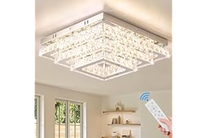 Finktonglan Modern Square Crystal LED Ceiling Light Fixture, 15” Dimmable Crystal Chandelier, 3-Tiers, Ceiling Mount for Bedroom, Living Room, Dining Room