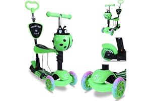 Habib Gruppe 5-in-1 Kinderroller mit Rückenlehne für Jungen und Mädchen - Abnehmbarer Sitz, LED-Räder, Höheverstellbarer Lenker, Tretroller - Kinder Roller Outdoor Spiel, für 2-8 Jahre Kinder