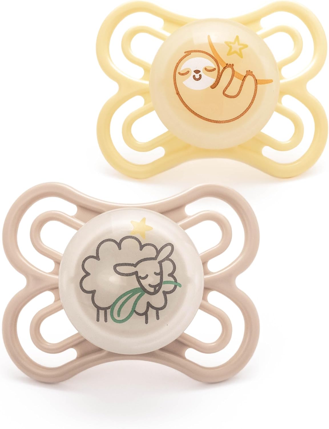 MAM Perfect Night Soothers | 0-6 Months | 2 Pack | Glow in The Dark Dummies | Comes in Dummy Steriliser Case | Baby Accessories for Newborn | White (Various Designs)