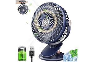 MUXIWOM Ventilateur de Bureau, Mini Ventilateur USB Silencieux avec Écran LCD, 6000mAh Ventilateur Pince 5 Vitesses Rotation 720°, Petit Ventilateur Portable Rechargeable pour Bureau Maison Camping(Bleu)