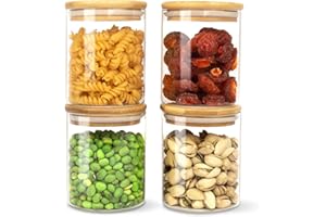 HUALIANG Słoiki na zapasy z pokrywką zestaw 4 sztuk, 500 ml szklane pojemniki z drewnianą pokrywką, hermetyczne pojemniki na żywność ze szkła borokrzemowego, do kuchni, do kawy, przypraw, zbóż