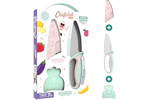 CHEFCLUB KIDS- Kit Couteau de Cuisine pour Enfants - Lame Acier Inoxydable - Protège-Doigts et Protège-Lame - Ustensile Sécurisé et Ergonomique - Rose & Vert pastel - Idéal dès 7 ans
