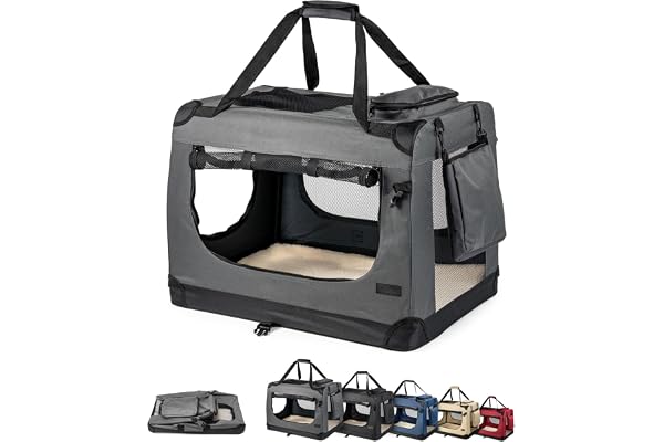 lionto Caisse de Transport Pliable pour Chien & Chat, 50x34x36 cm, Tissu Oxford Robuste + poignées & Couverture, pour Animaux Jusqu’à 10 kg, Caisse pour Petits & Grands, Gris