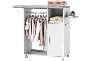 HOMCOM Meuble à Repasser sur roulettes, Table à Repasser Pliante, Placard à Porte, étagère réglable, Barre de Suspension, Compartiment Ouvert et Support latéral, 127 x 42,5 x 99 cm, Blanc