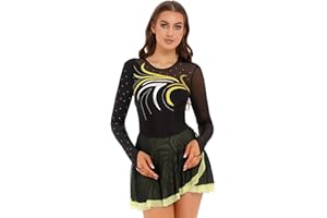 Kaerm Kürkleider Eiskunstlauf Damen Rollkunstlauf Kleid Langarm Ballettkleid Strass Glitzer Tanzkleid Streifen Patchwork Ballettbody Mit Rock Tanzkostüm
