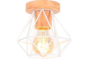 iDEGU Plafonnier Industriel en Bois Métal Design Cage Vintage Lustre Suspension Blanc Abat-Jour Luminaire E27 Rétro Lampe de Plafond de Rendu pour Chambre Salon Café Bar Entrée Couloir (Cage-A, 16cm)