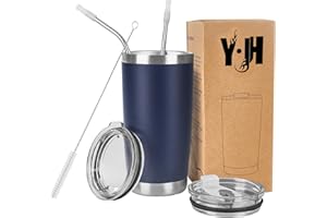 YJH Y·JH 20oz (550ml) Taza Termo Cafe Para Llevar - Vaso Con Pajita - Taza Térmica de Acero Inoxidable Reusable - 2 Tapas a Prueba de Salpicaduras Pajitas - Azul Marino