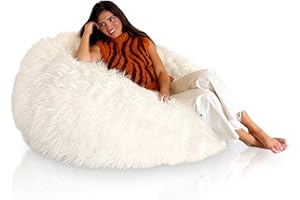 Aiire Puff Gigante Moderno de 120 cm - Puffs XXL de Pelo Largo con Relleno Incluido para Salon o Decoracion Habitacion Juvenil - Bean Bag Chair o Cojin de Suelo Grande Blanco