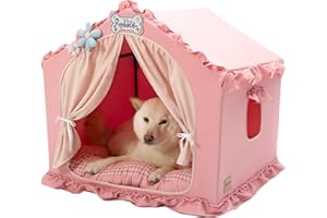Jiupety Hundehöhle Hundehütte Indoor mit Rahmen, Waschbare, Zusammenklappbare Hundezelt, Hundehaus für Drinnen, Belüftbares Hundebett mit Dach für 9-18 kg, L Größe 64x64x64 cm, Pink