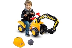 GOPLUS Sitzbagger Kinderbagger, Kinderfahrzeug Pedalfrei inkl. Schutzhelm und Künstlicher Steine, Sandspielzeug mit LED-Licht, Musik, Funktionstüchtiger Schaufelbagger für Kinder ab 3 Jahre