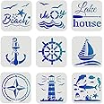 FINGERINSPIRE 9 Pcs Compass Stencil 6x6 inch Plastic Nautical Theme Painting Stencil Sea Life Stencil Anchor Beach Sailboat Lighthouse Stencils Reusable Stencils for Painting on Wood, Floor, Wall