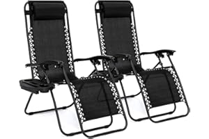 FINE GARDEN 2 Heavy Duty Zero Gravity Chairs | Garden Outdoor Sun Loungers Folding Reclining Chairs With Heavy Duty Double Cup Tray -Black