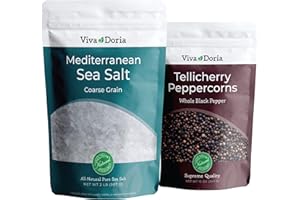 Viva Doria Tellicherry Black Peppercorn, Whole Black Pepper, Black Peppercorns, 340 Gram and Mediterranean Sea Salt, Coarse Grain, 907 Gram, For Grinder Refills (2 Set)