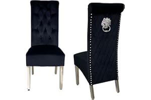 ASR INTERIORS Dining Chair Set Of 2 Sofia Velvet Chairs With Lion Knocker High Back Chrome Leg Luxury Chairs For Home & Commercial Restaurants (Black), 64D x 46W x 110H cm