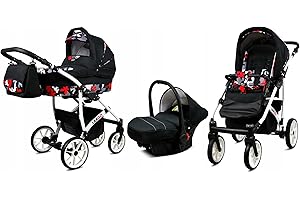 BabyLux® Carrito de Bebé Sistema de Viaje Set 3 en 1 - Largo - incl. Capazo, Silla de Paseo, Silla Coche - Cochecito - con Bolso cambiador, Cubierta para la lluvia, Mosquitera etc.