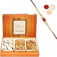 Ghasitaram Gifts Rakhi Gifts for Brothers Rakhi Sweets - Assorted Box of Kaju Katli, Milk Cake and Methi Mathi with Pearl Beads Rakhi