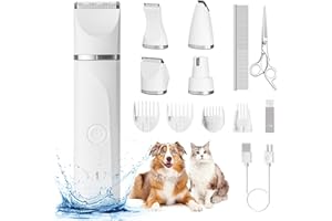 HOOFUN 4 en 1 Tondeuse Chien Professionnelle: Silencieuse Tondeuses pour Chiens Étanchéité IPX7,Sans Fil Fondeuse Toilettage pour Animaux avec Câble USB Rechargeable pour Chat et Autres Animaux (Blanc)