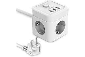 JSVER Cube Enchufe USB con 3 Puertos de USB y 3 Tomas 3680W 16A Regleta Enchufe Alargador Multiple Carga para Samsung iPad iPhone Tablets - Cable 1,5 m Blanco